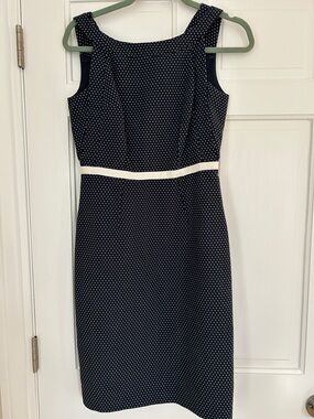 David Meister Classic Navy Polka Dot Sheath Dress with Contrast Waist
